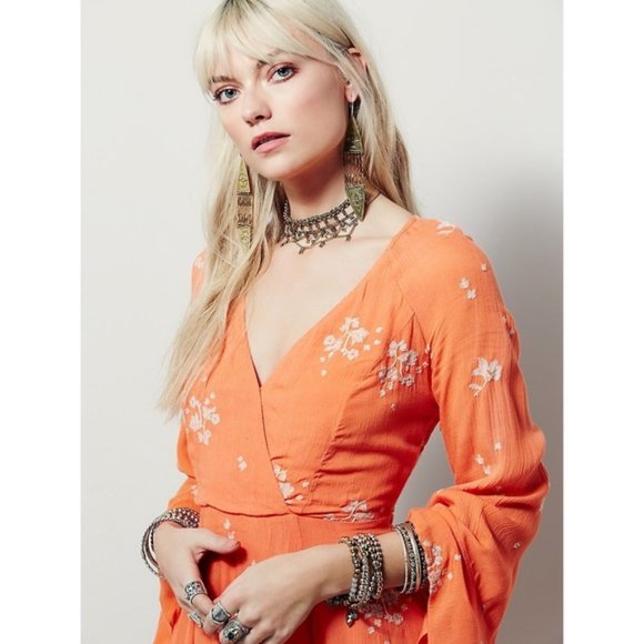 New Free People Jasmine embroidered faux wrap surplice trumpet sleeve mini dress - Picture 2 of 16